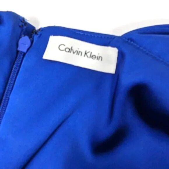 Calvin Klein Bodycon Cocktail Wiggle Dress Sz 10 Royal Blue Satin NWT Ruched - Picture 9 of 13